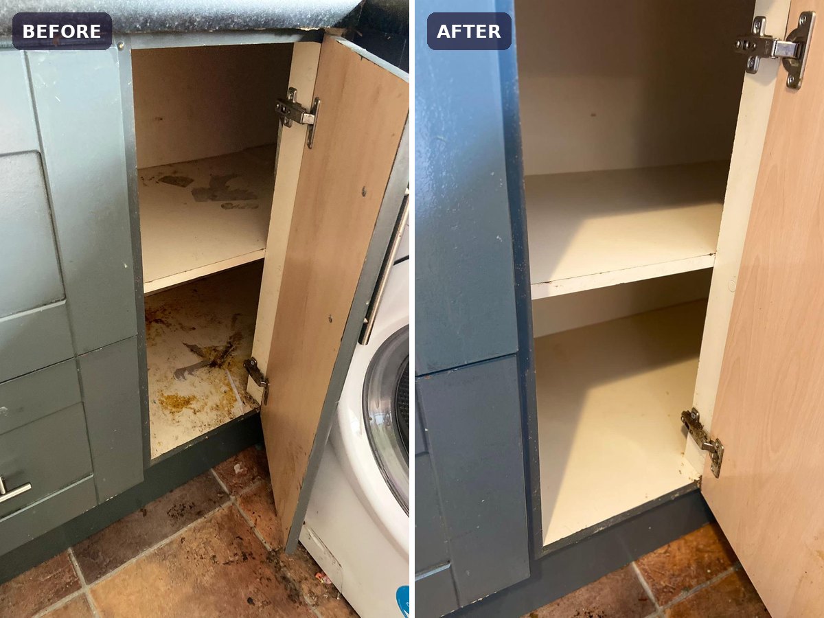 Before and after — Cabinet interior scrub